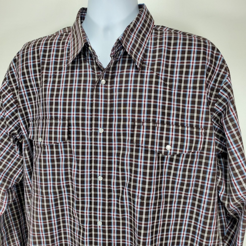 Wrangler‎ Men's 2XLWestern Pearl Snap Shirt Long Sleeve Brown Maroon Plaid